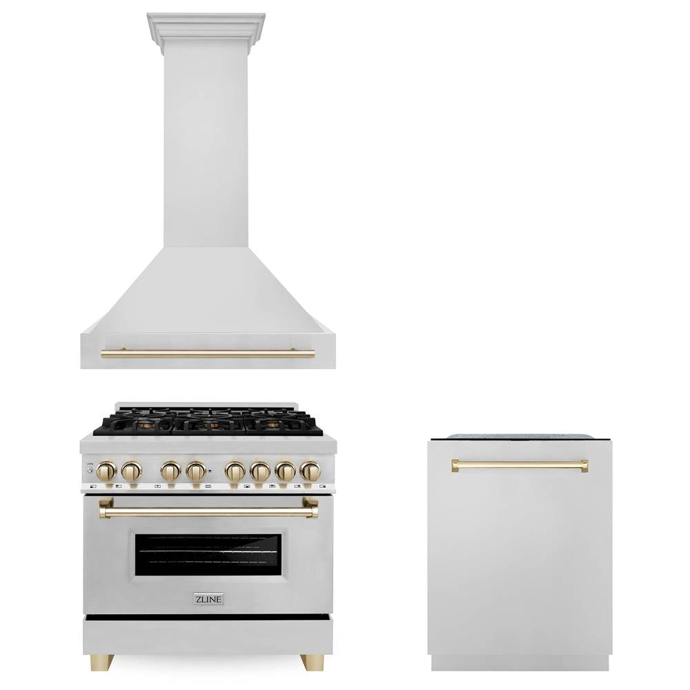 Z-Line - 36'' Autograph Edition Kitchen Package with Stainless Steel Dual Fuel Range, Range Hood and Dishwasher with Gold Accents - Polished Gold