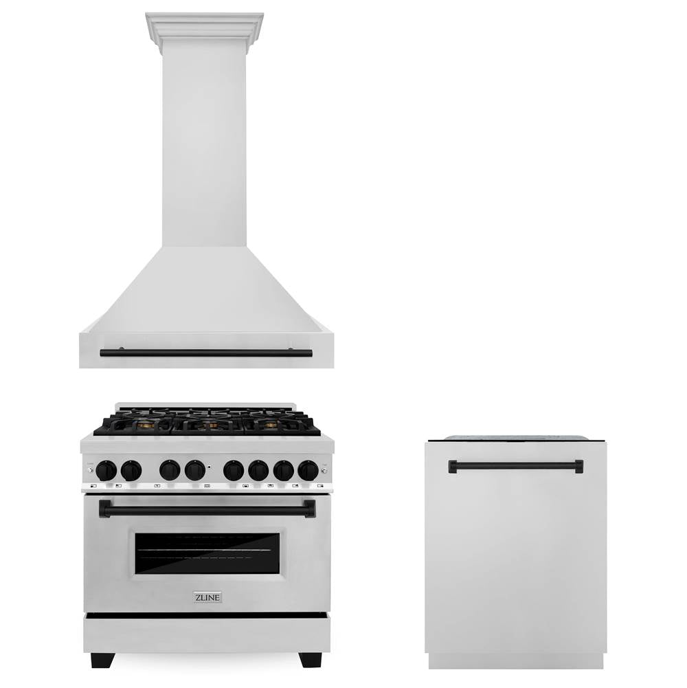Z-Line - 36'' Autograph Edition Kitchen Package with Stainless Steel Dual Fuel Range, Range Hood and Dishwasher with Matte Black Accents - Matte Black