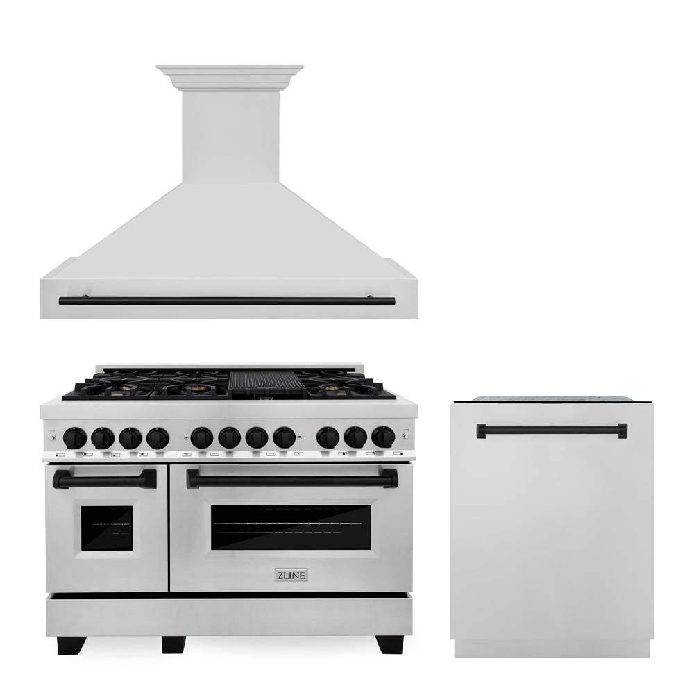 Z-Line - 48'' Autograph Edition Kitchen Package with Stainless Steel Dual Fuel Range, Range Hood and Dishwasher with Matte Black Accents - Matte Black