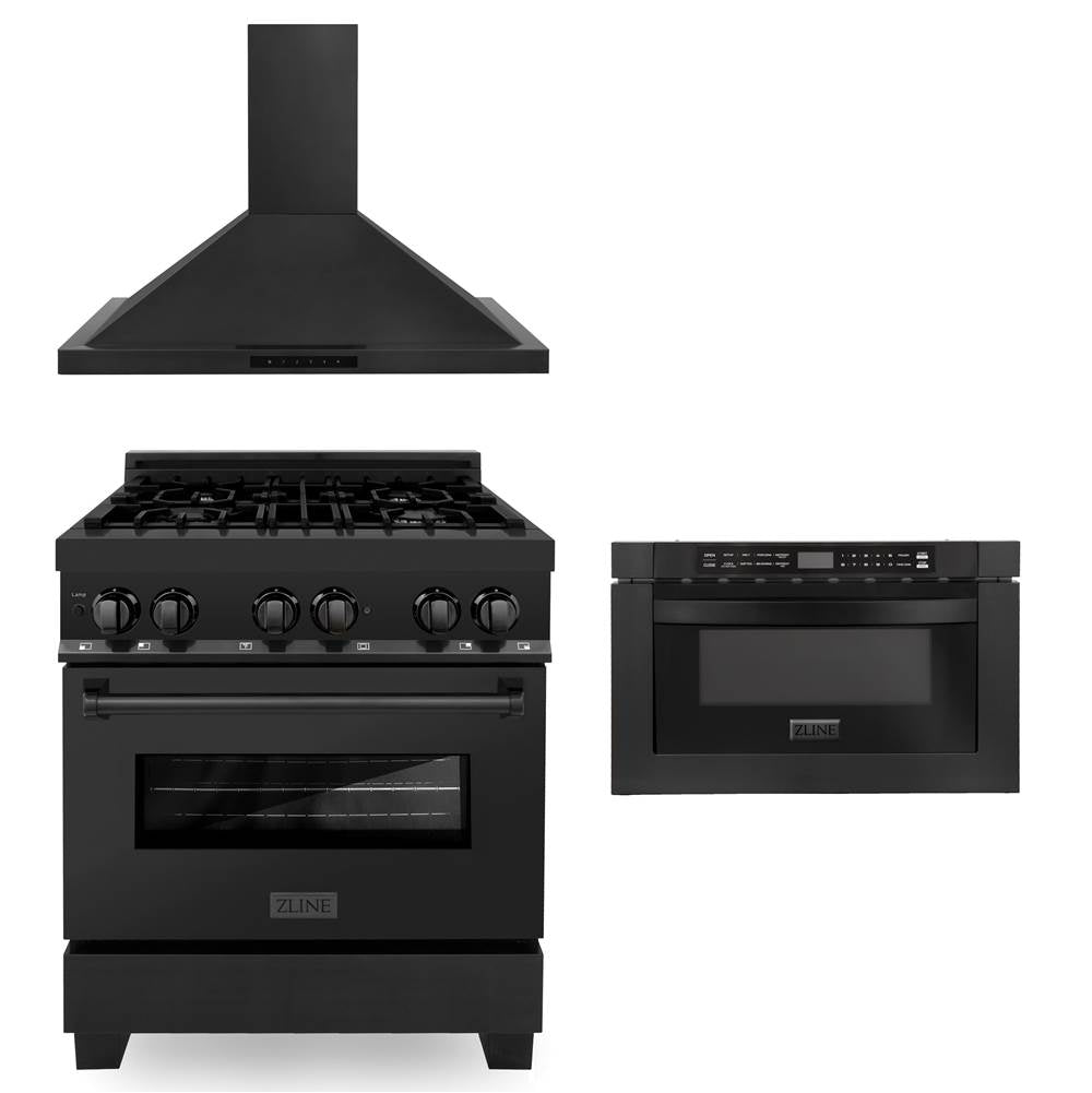 Z-Line - 30'' Kitchen Package with Black Stainless Steel Dual Fuel Range, Convertible Vent Range Hood and Microwave Drawer - Black Stainless
