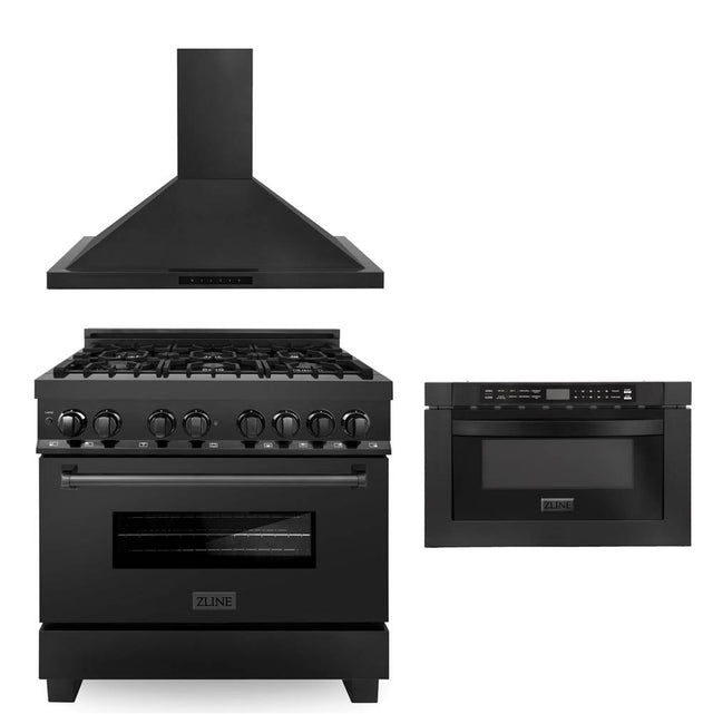 Z-Line - 36'' Kitchen Package with Black Stainless Steel Dual Fuel Range, Convertible Vent Range Hood and Microwave Drawer - Black Stainless