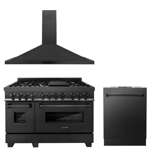 Z-Line - 48'' Kitchen Package with Black Stainless Steel Dual Fuel Range, Convertible Vent Range Hood and Dishwasher - Black Stainless