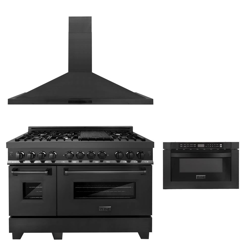 Z-Line - 48'' Kitchen Package with Black Stainless Steel Dual Fuel Range, Convertible Vent Range Hood and Microwave Drawer - Black Stainless