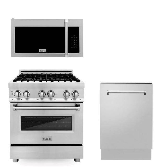Z-Line - 30'' Kitchen Package with Stainless Steel Dual Fuel Range, Traditional Over The Range Microwave and Tall Tub Dishwasher - Stainless Steel