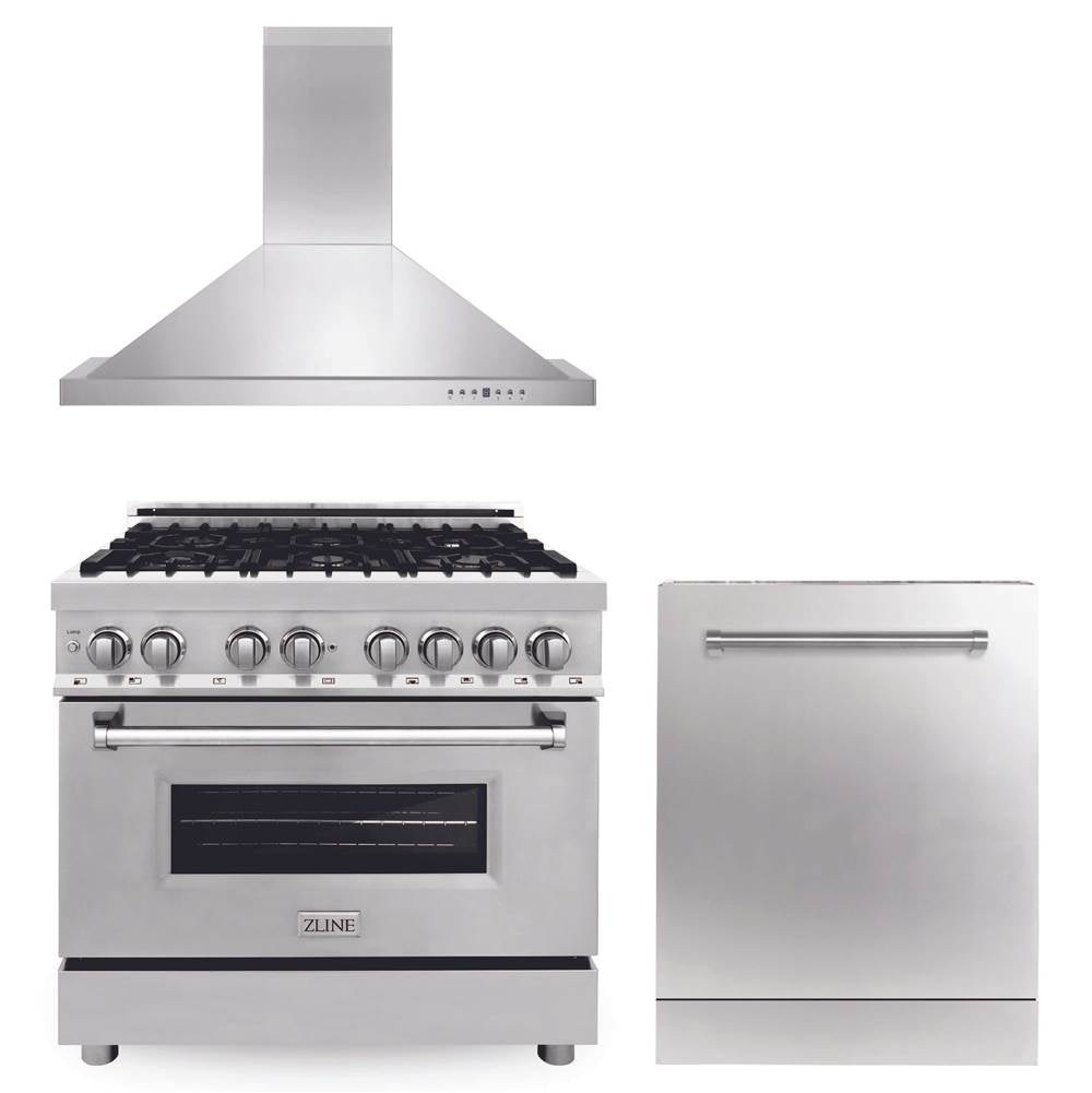 Z-Line - 36'' Kitchen Package with Stainless Steel Dual Fuel Range, Convertible Vent Range Hood and Dishwasher - Stainless Steel
