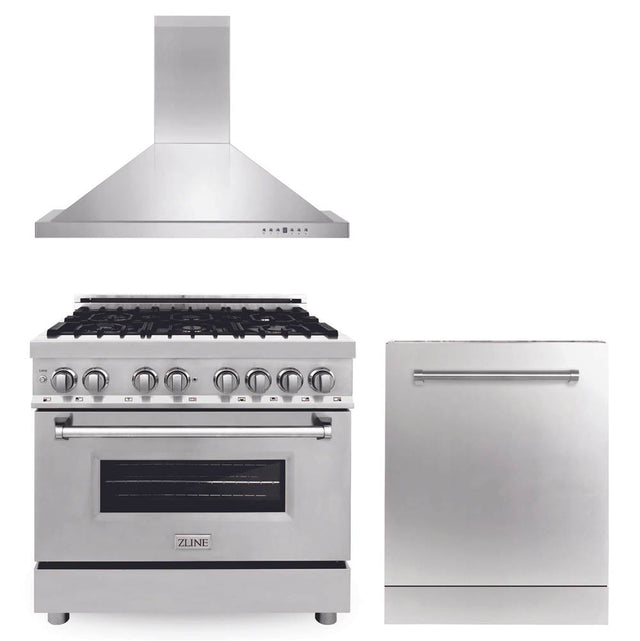 Z-Line - 36'' Kitchen Package with Stainless Steel Dual Fuel Range, Convertible Vent Range Hood and Dishwasher - Stainless Steel