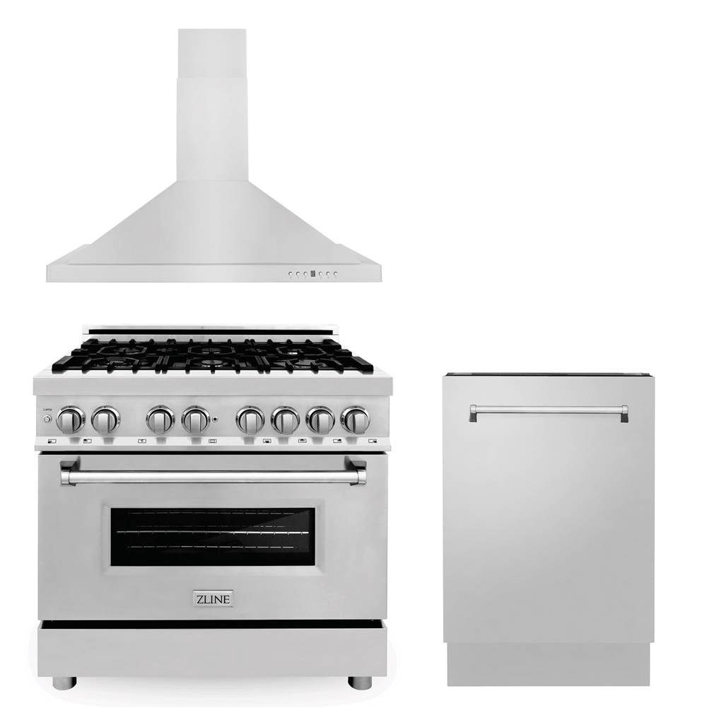 Z-Line - 36'' Kitchen Package with Stainless Steel Dual Fuel Range, Convertible Vent Range Hood and Tall Tub Dishwasher - Stainless Steel