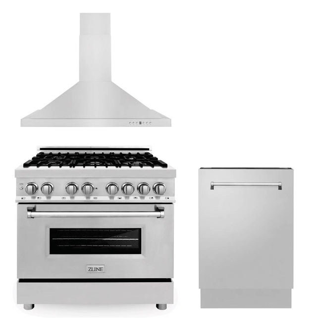 Z-Line - 36'' Kitchen Package with Stainless Steel Dual Fuel Range, Convertible Vent Range Hood and Tall Tub Dishwasher - Stainless Steel