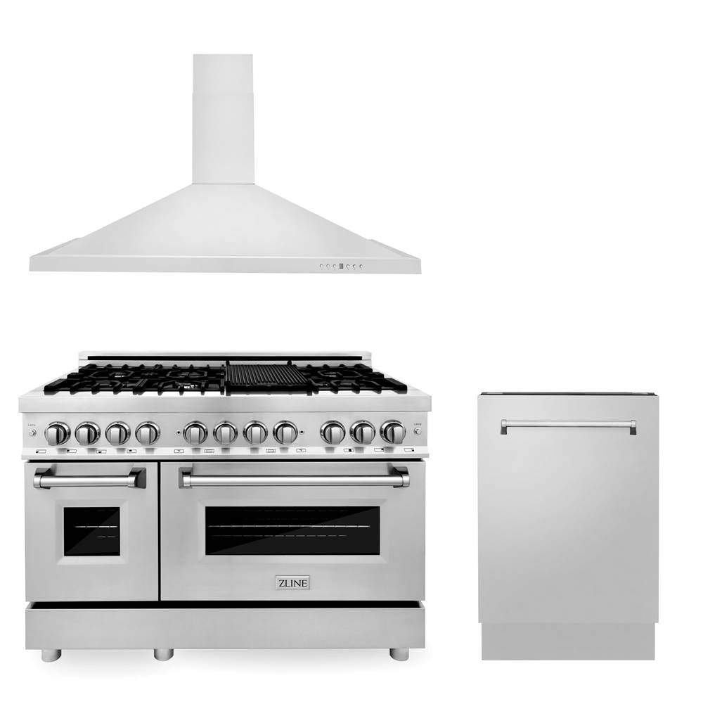 Z-Line - 48'' Kitchen Package with Stainless Steel Dual Fuel Range, Convertible Vent Range Hood and Tall Tub Dishwasher - Stainless Steel