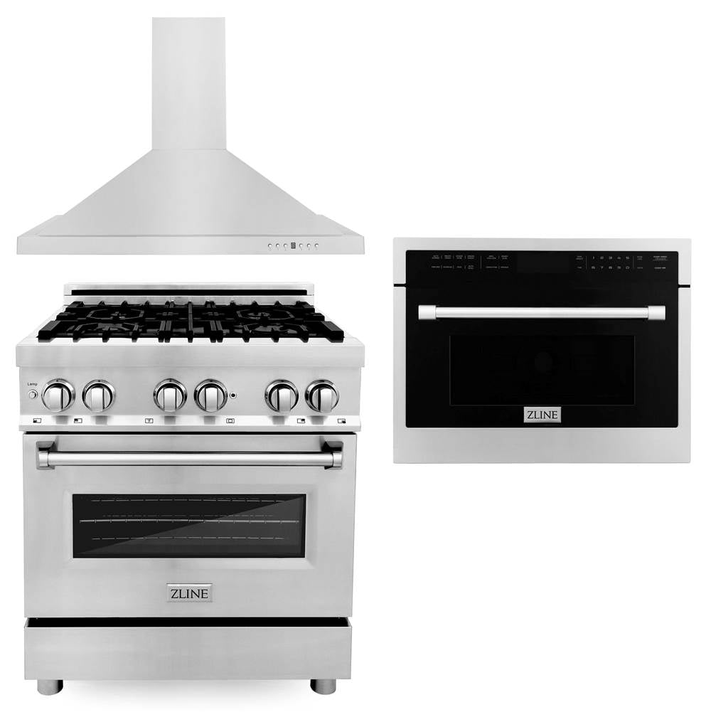 Z-Line - 30'' Kitchen Package with Stainless Steel Dual Fuel Range, Convertible Vent Range Hood and 24'' Microwave Oven