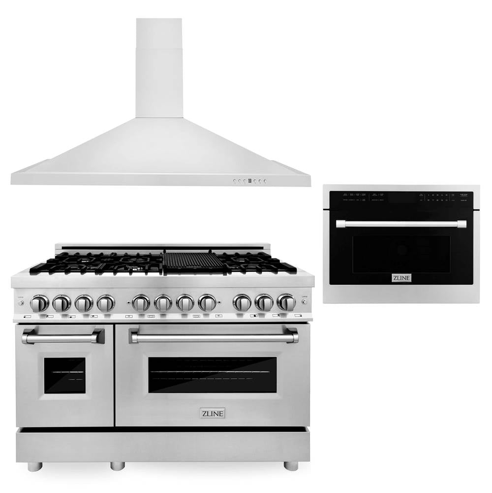 Z-Line - 48'' Kitchen Package with Stainless Steel Dual Fuel Range, Convertible Vent Range Hood and 24'' Microwave Oven