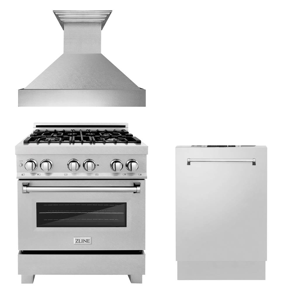 Z-Line - 30'' Kitchen Package with DuraSnow Stainless Dual Fuel Range, Ducted Vent Range Hood and Dishwasher - DuraSnow Stainless Steel