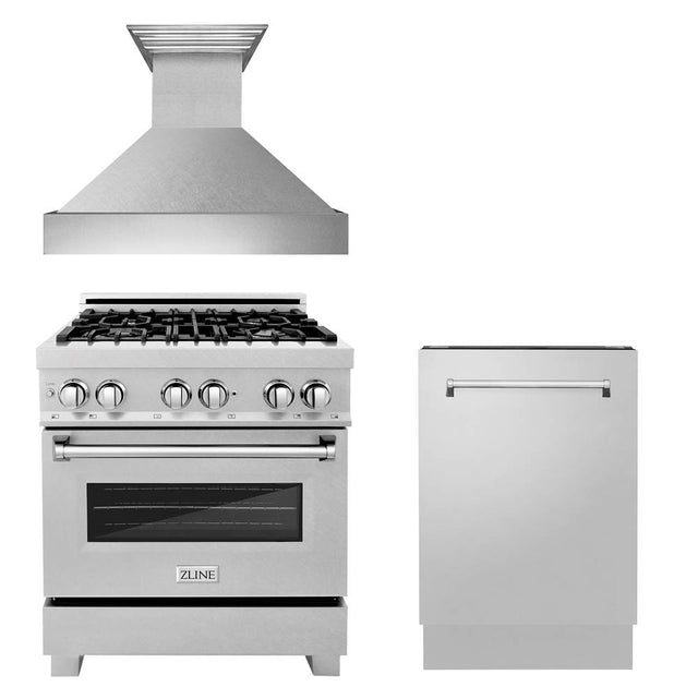 Z-Line - 30'' Kitchen Package with DuraSnow Stainless Dual Fuel Range, Ducted Vent Range Hood and Tall Tub Dishwasher - DuraSnow Stainless Steel