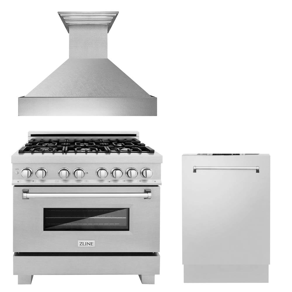 Z-Line - 36'' Kitchen Package with DuraSnow Stainless Dual Fuel Range, Ducted Vent Range Hood and Dishwasher - DuraSnow Stainless Steel