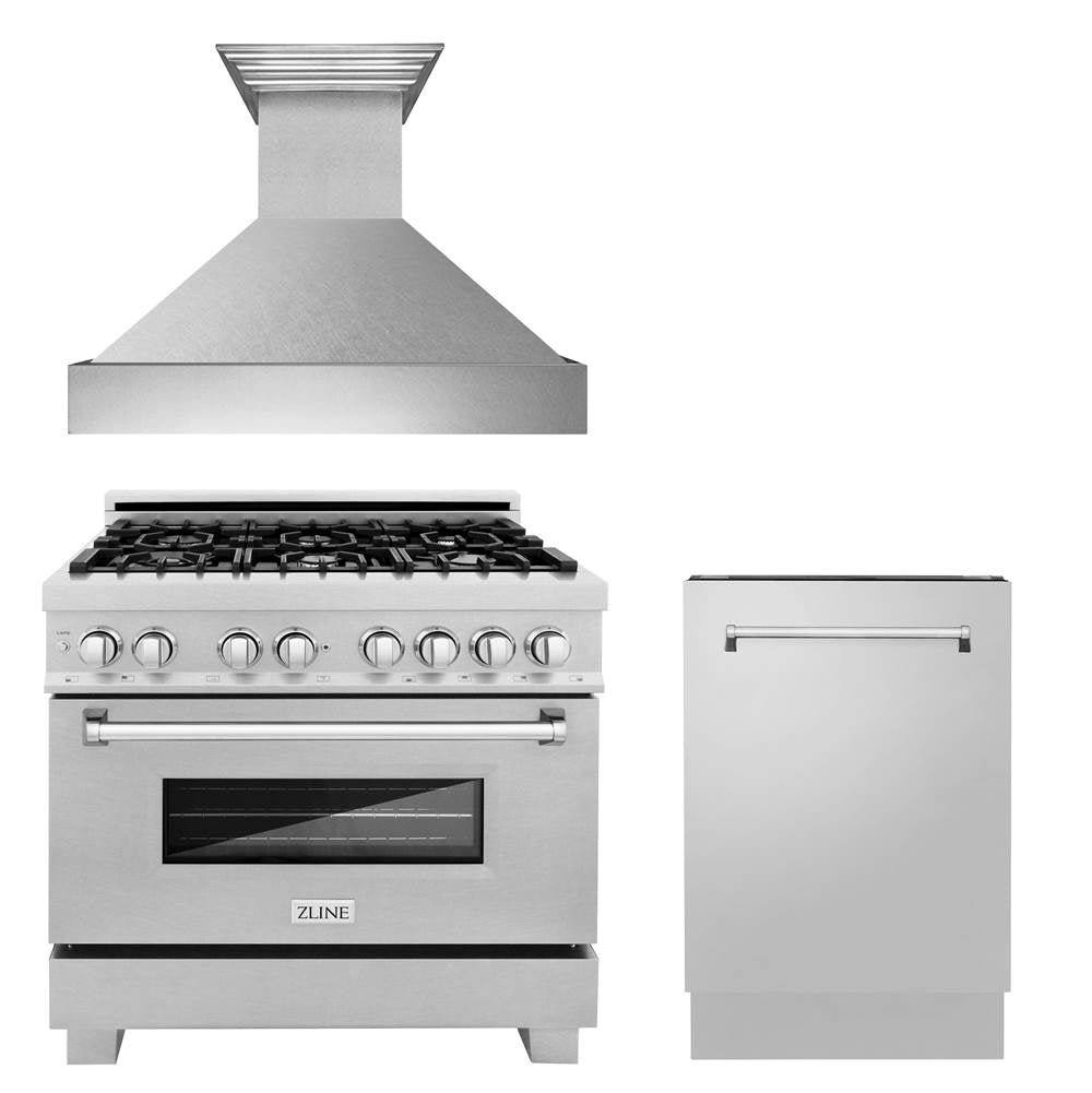 Z-Line - 36'' Kitchen Package with DuraSnow Stainless Dual Fuel Range, Ducted Vent Range Hood and Tall Tub Dishwasher - DuraSnow Stainless Steel