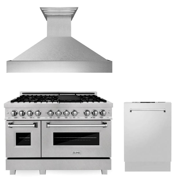 Z-Line - 48'' Kitchen Package with DuraSnow Stainless Dual Fuel Range, Ducted Vent Range Hood and Dishwasher - DuraSnow Stainless Steel