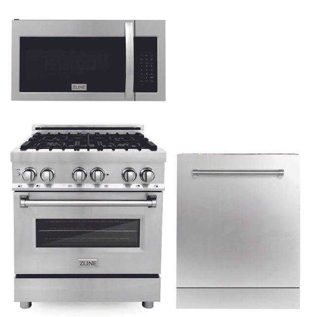 Z-Line - 30'' Kitchen Package with Stainless Steel Gas Range, Modern Over The Range Microwave and Dishwasher - Stainless Steel