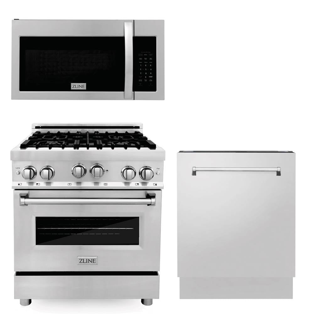 Z-Line - 30'' Kitchen Package with Stainless Steel Gas Range, Modern Over The Range Microwave and Tall Tub Dishwasher - Stainless Steel