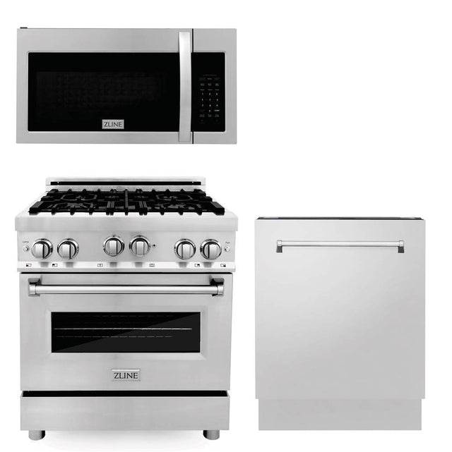 Z-Line - 30'' Kitchen Package with Stainless Steel Gas Range, Modern Over The Range Microwave and Tall Tub Dishwasher - Stainless Steel