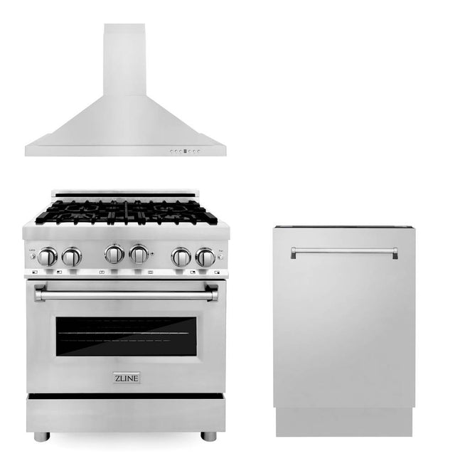 Z-Line - 30'' Kitchen Package with Stainless Steel Gas Range, Convertible Vent Range Hood and Tall Tub Dishwasher - Stainless Steel