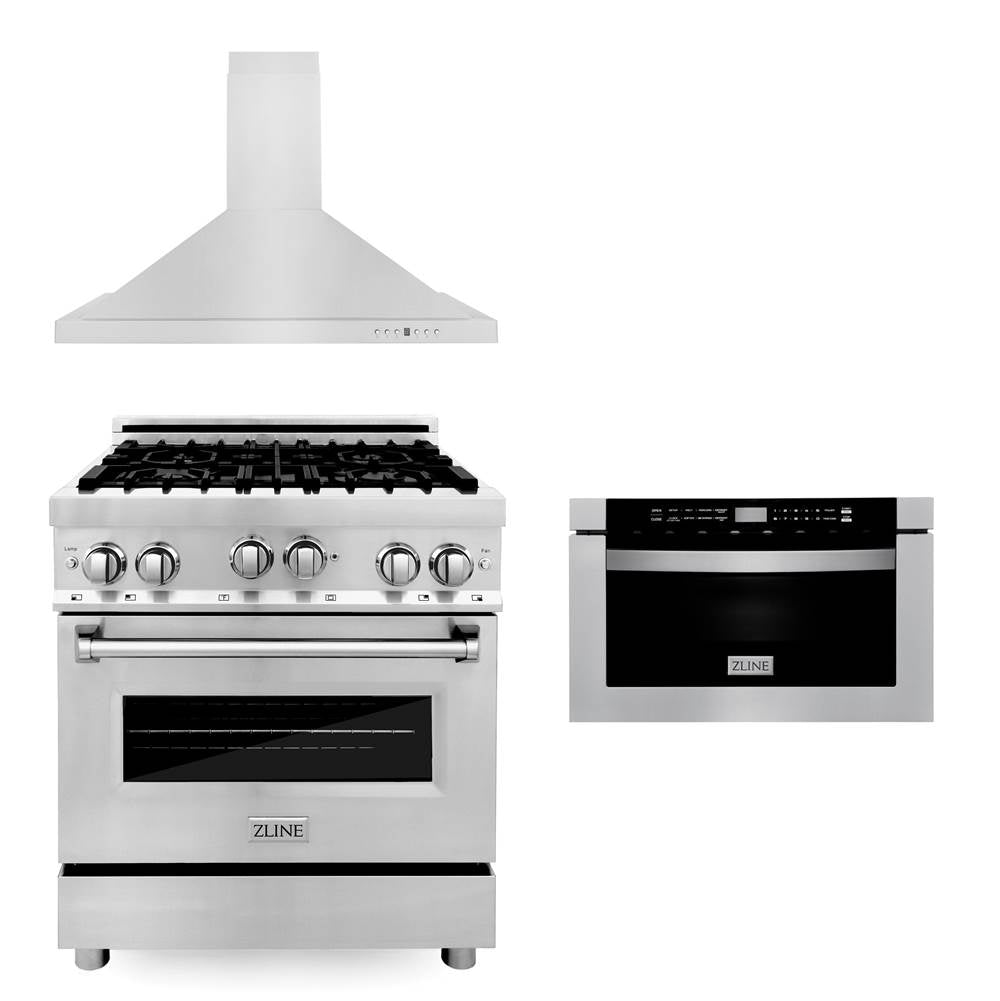 Z-Line - 30'' Kitchen Package with Stainless Steel Gas Range, Convertible Vent Range Hood and Microwave Drawer - Stainless Steel