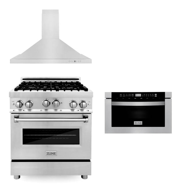 Z-Line - 30'' Kitchen Package with Stainless Steel Gas Range, Convertible Vent Range Hood and Microwave Drawer - Stainless Steel