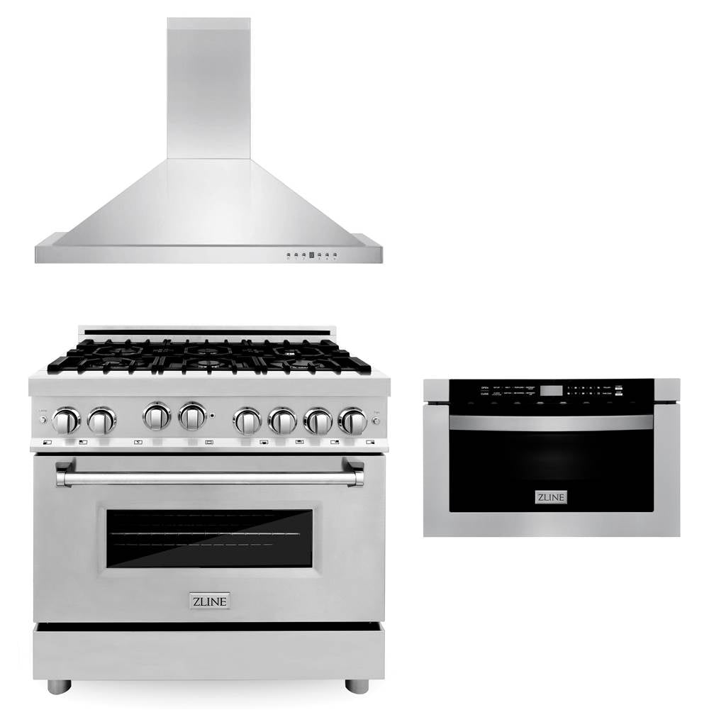 Z-Line - 36'' Kitchen Package with Stainless Steel Gas Range, Convertible Vent Range Hood and Microwave Drawer - Stainless Steel