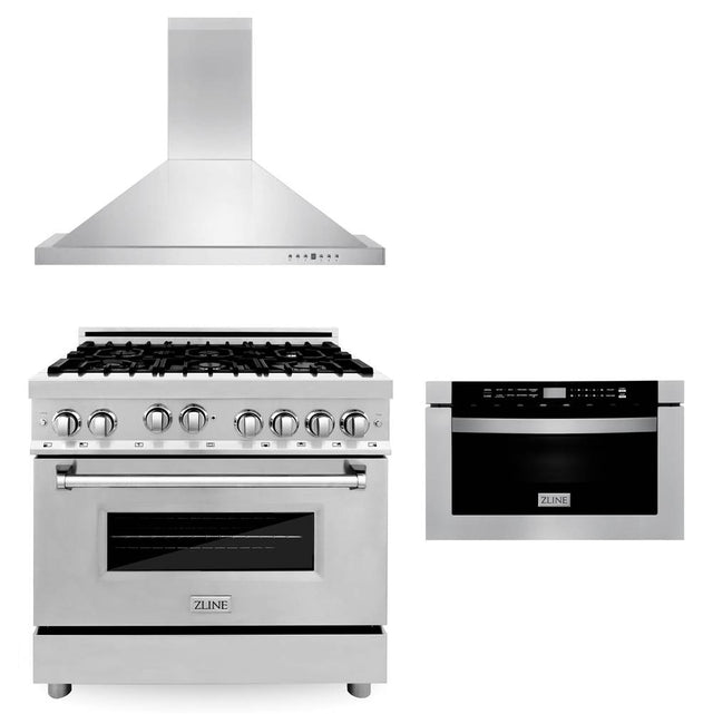 Z-Line - 36'' Kitchen Package with Stainless Steel Gas Range, Convertible Vent Range Hood and Microwave Drawer - Stainless Steel