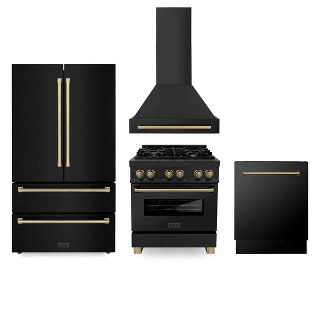 Z-Line - 30'' Autograph Edition Kitchen Package with Black Stainless Steel Dual Fuel Range, Range Hood, Dishwasher and Refrigeration with Champagne Bronze Accents - Champagne Bronze