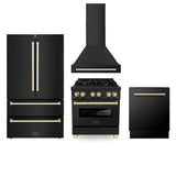 Z-Line - 30'' Autograph Edition Kitchen Package with Black Stainless Steel Dual Fuel Range, Range Hood, Dishwasher and Refrigeration with Gold Accents - Polished Gold