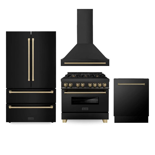 Z-Line - 36'' Autograph Edition Kitchen Package with Black Stainless Steel Dual Fuel Range, Range Hood, Dishwasher and Refrigeration with Champagne Bronze Accents - Champagne Bronze