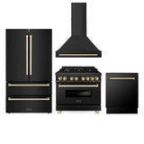 Z-Line - 36'' Autograph Edition Kitchen Package with Black Stainless Steel Dual Fuel Range, Range Hood, Dishwasher and Refrigeration with Gold Accents - Polished Gold