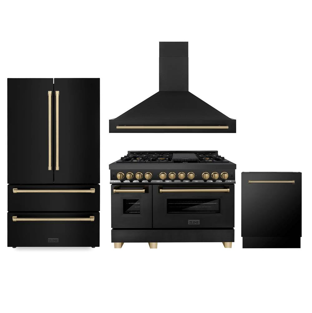 Z-Line - 48'' Autograph Edition Kitchen Package with Black Stainless Steel Dual Fuel Range, Range Hood, Dishwasher and Refrigeration with Champagne Bronze Accents - Champagne Bronze