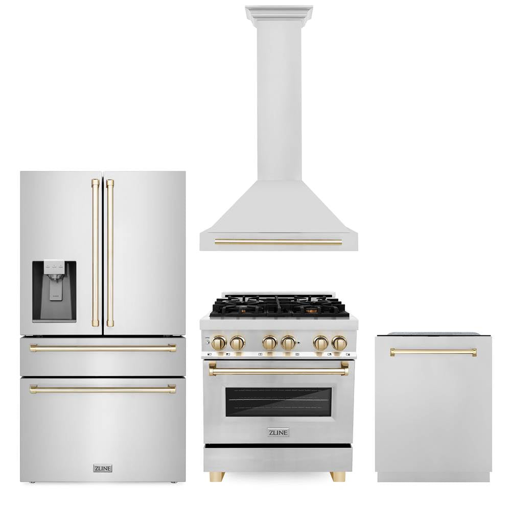 Z-Line - 30'' Autograph Edition Kitchen Package with Stainless Steel Dual Fuel Range, Range Hood, Dishwasher and Refrigeration with Gold Accents - Polished Gold