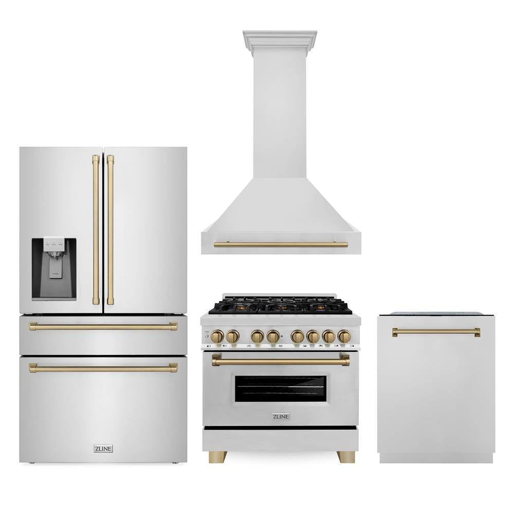 Z-Line - 36'' Autograph Edition Kitchen Package with Stainless Steel Dual Fuel Range, Range Hood, Dishwasher and Refrigeration with Champagne Bronze Accents - Champagne Bronze