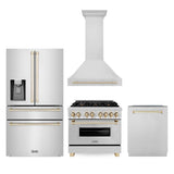 Z-Line - 36'' Autograph Edition Kitchen Package with Stainless Steel Dual Fuel Range, Range Hood, Dishwasher and Refrigeration with Gold Accents - Polished Gold