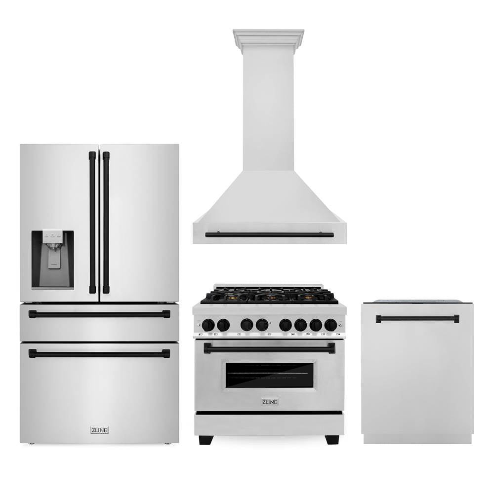 Z-Line - 36'' Autograph Edition Kitchen Package with Stainless Steel Dual Fuel Range, Range Hood, Dishwasher and Refrigeration with Matte Black Accents - Matte Black