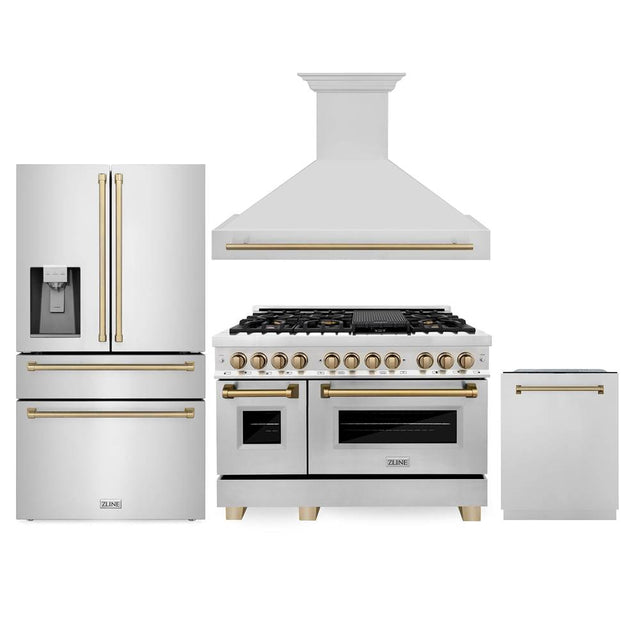 Z-Line - 48'' Autograph Edition Kitchen Package with Stainless Steel Dual Fuel Range, Range Hood, Dishwasher and Refrigeration with Champagne Bronze Accents - Champagne Bronze