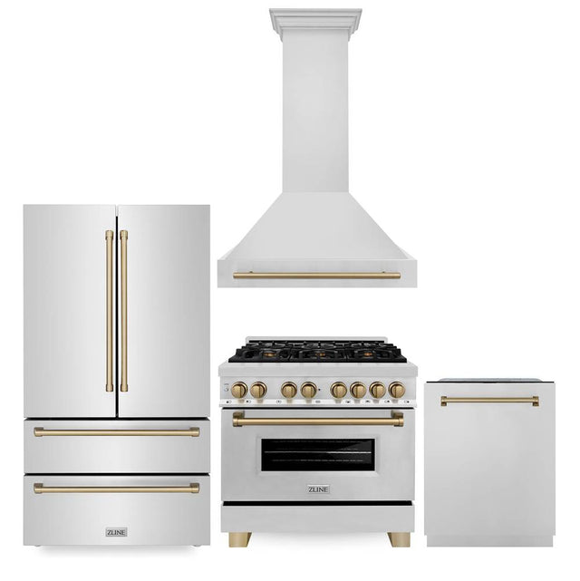 Z-Line - 36'' Autograph Edition Kitchen Package with Stainless Steel Dual Fuel Range, Range Hood, Dishwasher and Refrigeration with Champagne Bronze Accents - Champagne Bronze