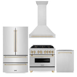 Z-Line - 36'' Autograph Edition Kitchen Package with Stainless Steel Dual Fuel Range, Range Hood, Dishwasher and Refrigeration with Gold Accents - Polished Gold