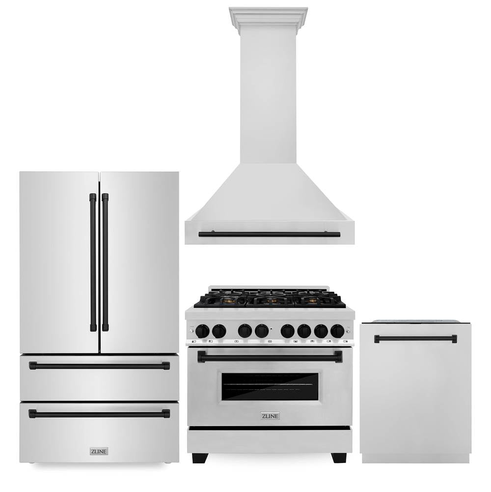Z-Line - 36'' Autograph Edition Kitchen Package with Stainless Steel Dual Fuel Range, Range Hood, Dishwasher and Refrigeration with Matte Black Accents - Matte Black
