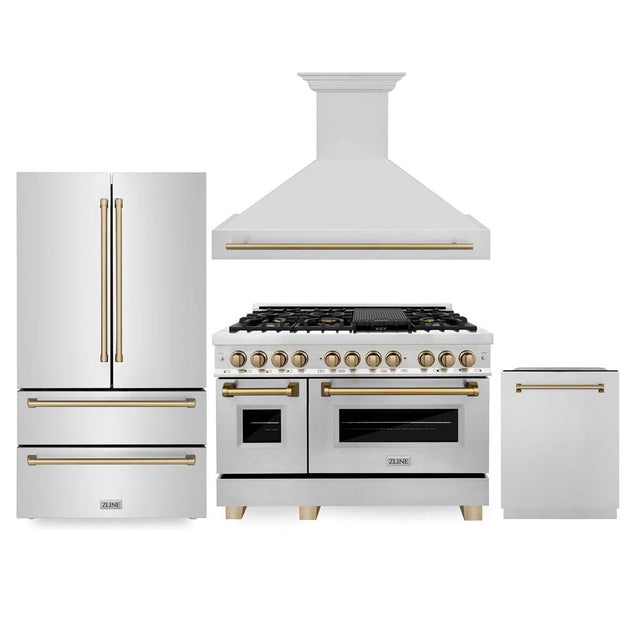 Z-Line - 48'' Autograph Edition Kitchen Package with Stainless Steel Dual Fuel Range, Range Hood, Dishwasher and Refrigeration with Champagne Bronze Accents - Champagne Bronze