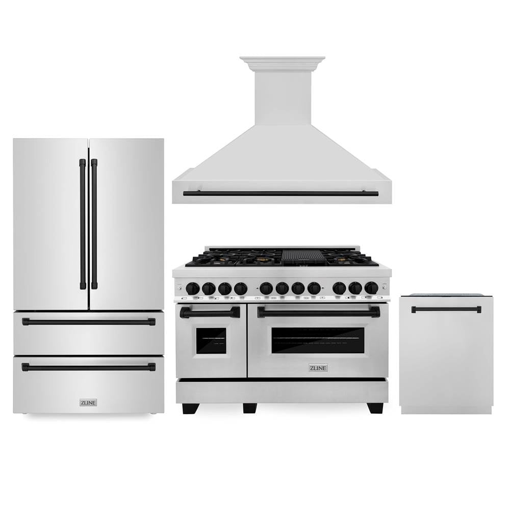 Z-Line - 48'' Autograph Edition Kitchen Package with Stainless Steel Dual Fuel Range, Range Hood, Dishwasher and Refrigeration with Matte Black Accents - Matte Black
