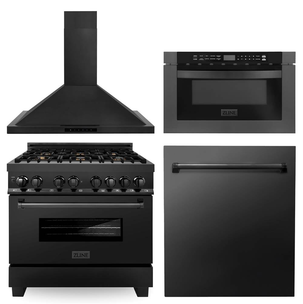 Z-Line - 36'' Kitchen Package with Black Stainless Steel Dual Fuel Range, Range Hood, Microwave Drawer and Dishwasher - Black Stainless
