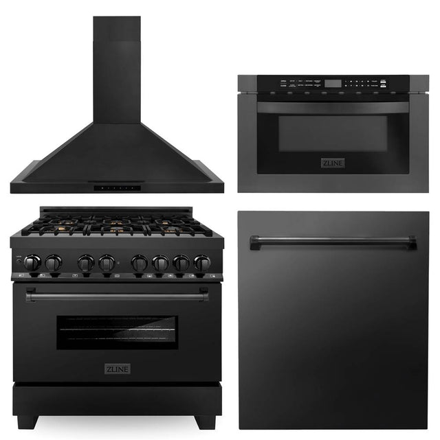 Z-Line - 36'' Kitchen Package with Black Stainless Steel Dual Fuel Range, Range Hood, Microwave Drawer and Dishwasher - Black Stainless