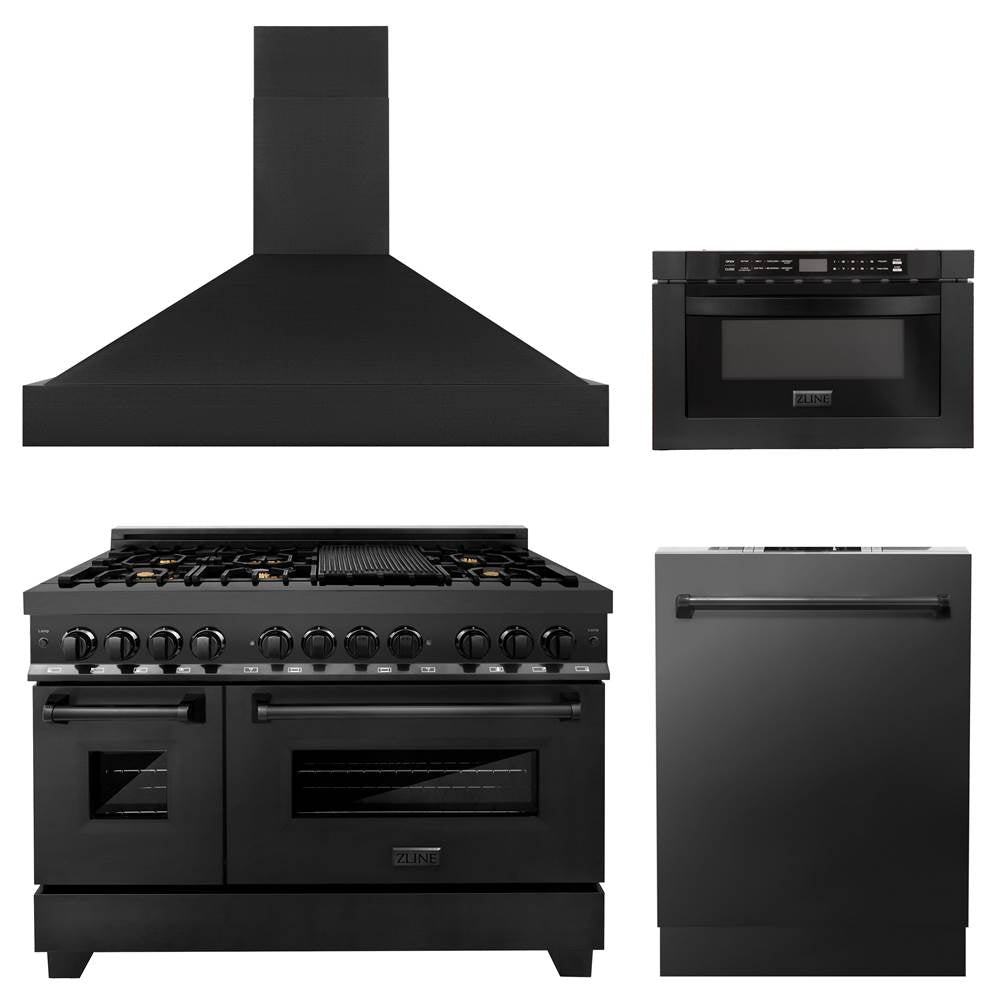Z-Line - 48'' Kitchen Package with Black Stainless Steel Dual Fuel Range, Range Hood, Microwave Drawer and Dishwasher - Black Stainless