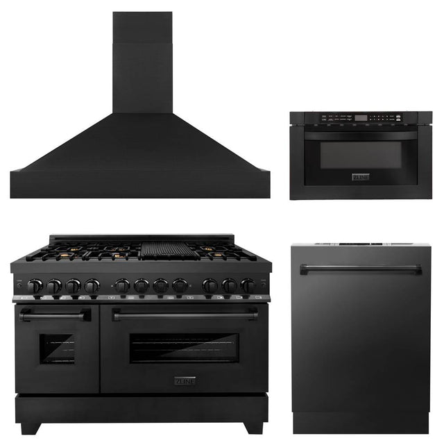 Z-Line - 48'' Kitchen Package with Black Stainless Steel Dual Fuel Range, Range Hood, Microwave Drawer and Dishwasher - Black Stainless