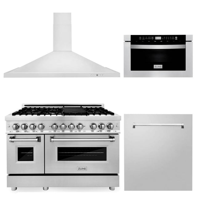 Z-Line - 48'' Kitchen Package with Stainless Steel Dual Fuel Range, Range Hood, Microwave Drawer and Dishwasher - Stainless Steel