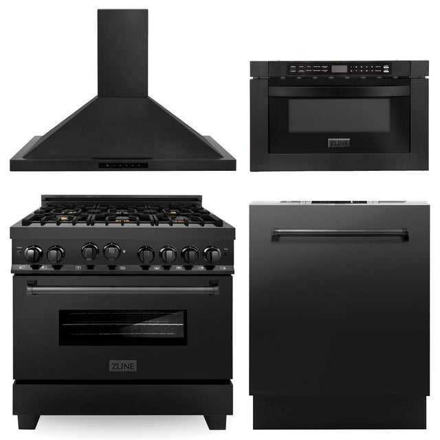 Z-Line - 36'' Kitchen Package with Black Stainless Steel Gas Range, Range Hood, Microwave Drawer and Dishwasher - Black Stainless