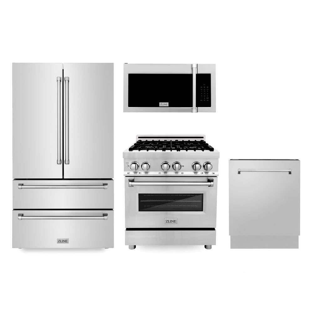 Z-Line - Kitchen Package with Refrigeration, 30'' Stainless Steel Dual Fuel Range, 30'' Traditional Over The Range Microwave and 24'' Tall Tub Dishwasher - Stainless Steel